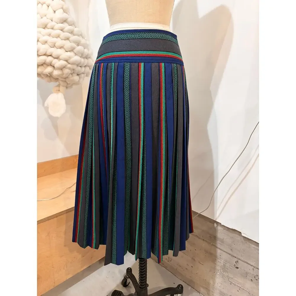 Vintage Kenzo Paris Wool Striped Pleated Midi Skirt Size 40 Made in France